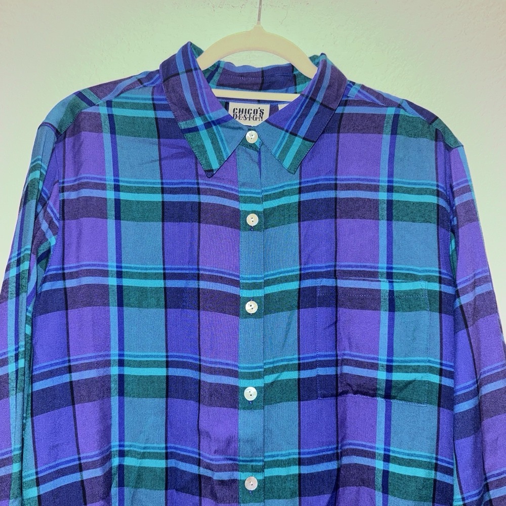 Chico's Design Button Up Shirt Women's Sz 2 Purple Plaid 90s Grunge Whimsigoth - Picture 4 of 9